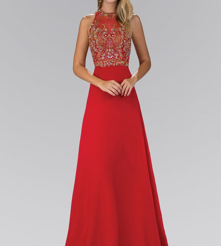 Jewel and Bead Embellished Long Dress with Back Cut Out