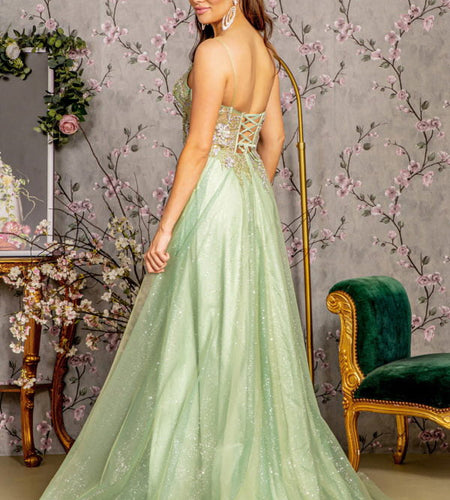 3-D Flower Jewel Sheer Corset Bodice Mesh A-line Long Dress